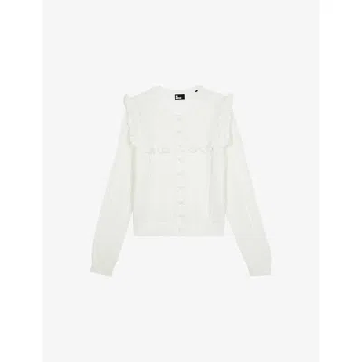 The Kooples Womens Ecru Ruffle-trim Regular-fit Wool Cardigan