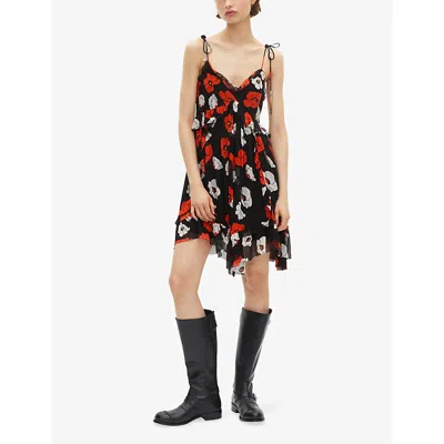 The Kooples Womens Black Red Off White Floral-print Asymmetric-hem Woven Mini Dress In Gray