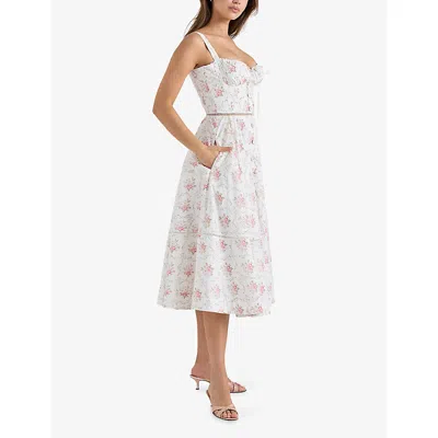 House Of Cb Womens Rose Print Chiarina Ruched Stretch-cotton Midi Dress