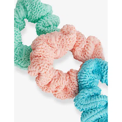 Hunza G Aqua Peach Metallic Mint Ruched Pack Of Three Seersucker Scrunchies In Multi
