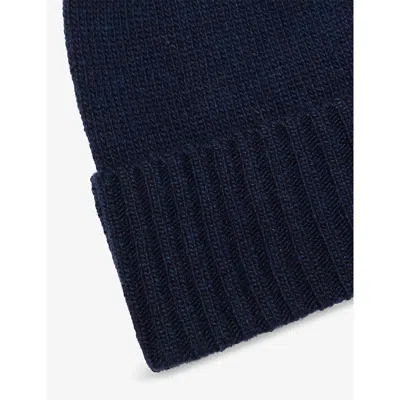 Moncler Dark Blue Tricolour-trim Knitted Cotton Beanie Hat In Blue