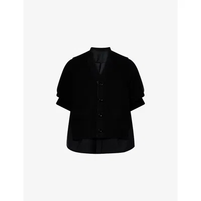 Sacai Womens Black Short-sleeves V-neck Cotton-blend Cardigan