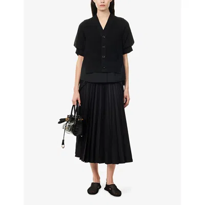 Sacai Womens Black Short-sleeves V-neck Cotton-blend Cardigan