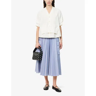 Sacai Womens Off White Short-sleeves V-neck Cotton-blend Cardigan