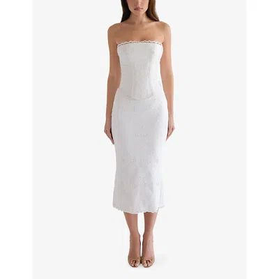 House Of Cb Womens White Antonie Broderie-anglaise Slim-fit Cotton Midi Skirt