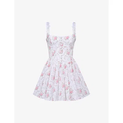 House Of Cb Womens Rose Print Sade Floral-print Lace-trim Stretch-cotton Mini Dress In White