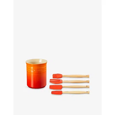 Le Creuset Volcanic Craft Stoneware Utensil Jar And Set Of Four Silicone Spatulas
