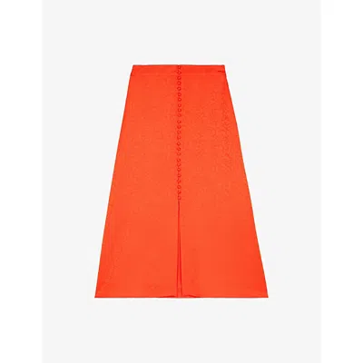 The Kooples Womens Orange Red Leopard-jacquard Buttoned Woven Midi Skirt In Orange