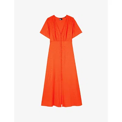 The Kooples Womens Orange Red V-neck Button-down Leopard-jacquard Woven Midi Dress