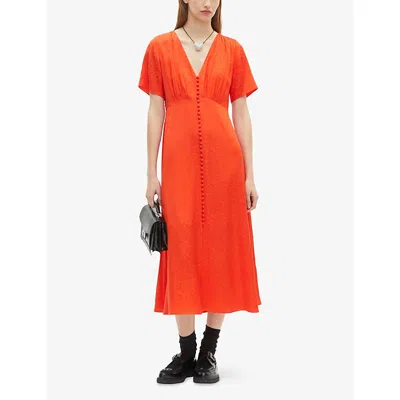 The Kooples Womens Orange Red V-neck Button-down Leopard-jacquard Woven Midi Dress
