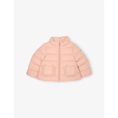 Moncler Rose Onica Ruffled-trim Shell-down Jacket 3 Months - 3 Year In Pink