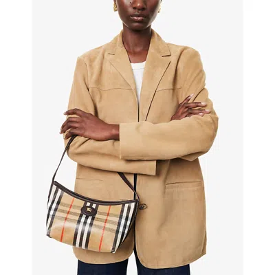 Burberry Womens Sand Mini Highlands Waxed-cotton Baguette Shoulder Bag In Brown