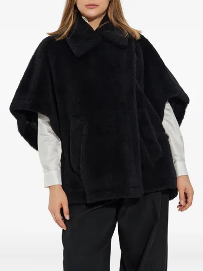 Max Mara Relaxed Black Coat With Plush Texture And Wide Collar