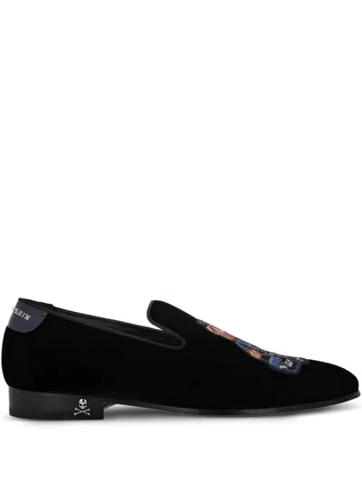 Philipp Plein Teddy Doorman Embroidered Velvet Loafers In Black