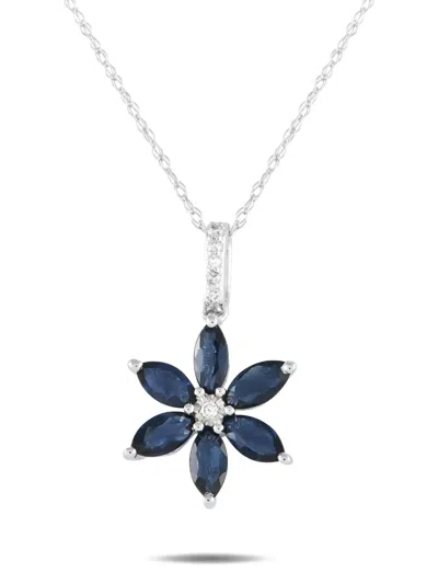 Pre-owned Lb Exclusive 14k White Gold Flower Diamond And Sapphire Necklace