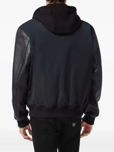 Philipp Plein Nylon And Leather Varsity Bomber Hooded Jacket In Black