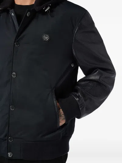 Philipp Plein Nylon And Leather Varsity Bomber Hooded Jacket In Black
