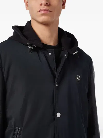Philipp Plein Nylon And Leather Varsity Bomber Hooded Jacket In Black