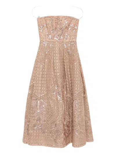 Elie Saab Strapless Sequined Embroidered Tulle Midi Dress In Brown