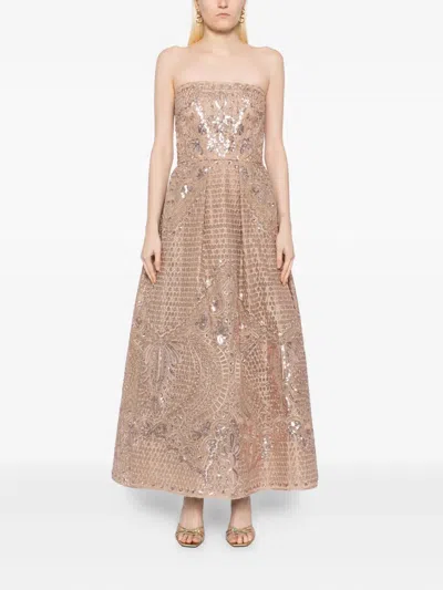Elie Saab Strapless Sequined Embroidered Tulle Midi Dress In Brown