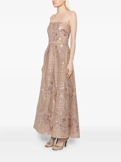 Elie Saab Strapless Sequined Embroidered Tulle Midi Dress In Brown