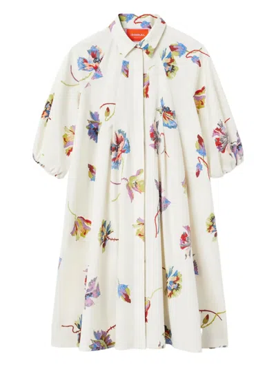 La Doublej Sunburst Floral-print Puff-sleeve Mini Dress In White