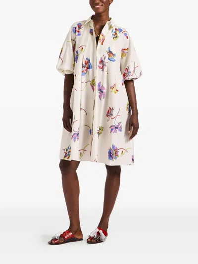 La Doublej Sunburst Floral-print Puff-sleeve Mini Dress In White