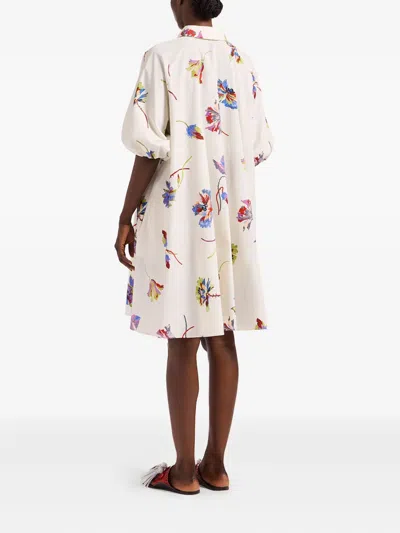 La Doublej Sunburst Floral-print Puff-sleeve Mini Dress In White