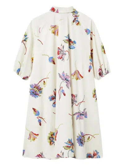 La Doublej Sunburst Floral-print Puff-sleeve Mini Dress In White