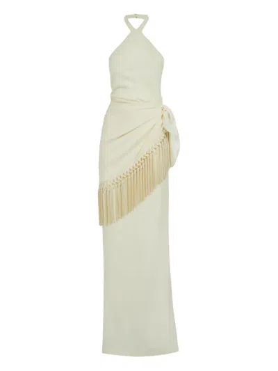 Taller Marmo Meteora Tasseled Layered Crepe Halterneck Gown In White