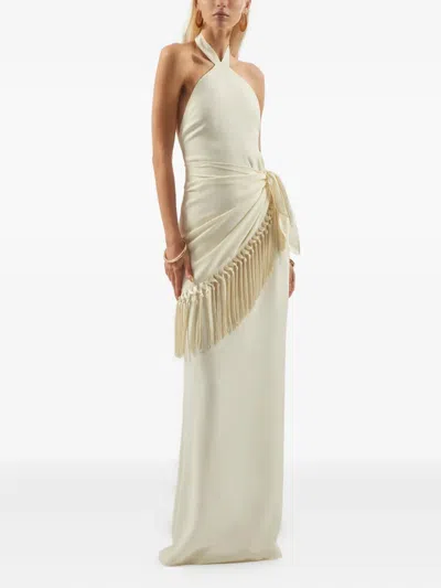 Taller Marmo Meteora Tasseled Layered Crepe Halterneck Gown In White