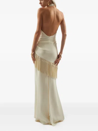 Taller Marmo Meteora Tasseled Layered Crepe Halterneck Gown In White