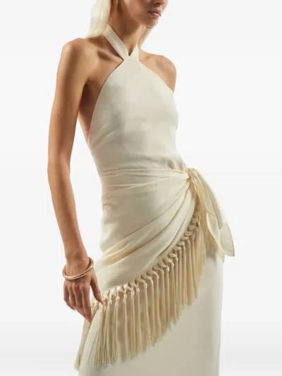 Taller Marmo Meteora Tasseled Layered Crepe Halterneck Gown In White
