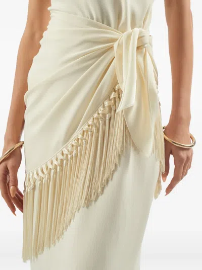 Taller Marmo Meteora Tasseled Layered Crepe Halterneck Gown In White