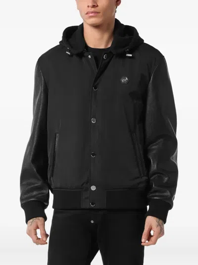 Philipp Plein Nylon And Leather Varsity Bomber Hooded Jacket In Black