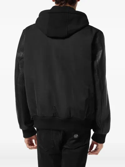 Philipp Plein Nylon And Leather Varsity Bomber Hooded Jacket In Black