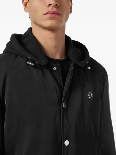 Philipp Plein Nylon And Leather Varsity Bomber Hooded Jacket In Black