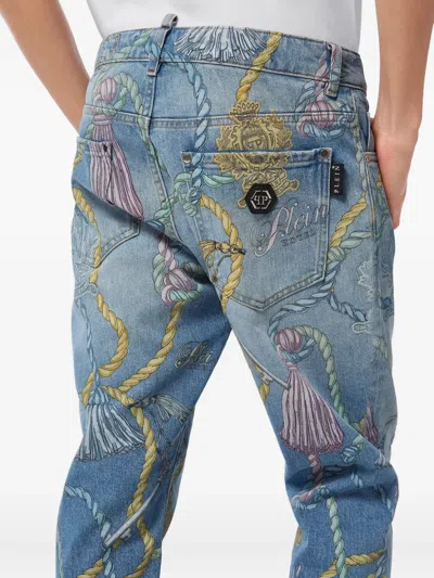 Philipp Plein Tassel-print Jeans In Blue