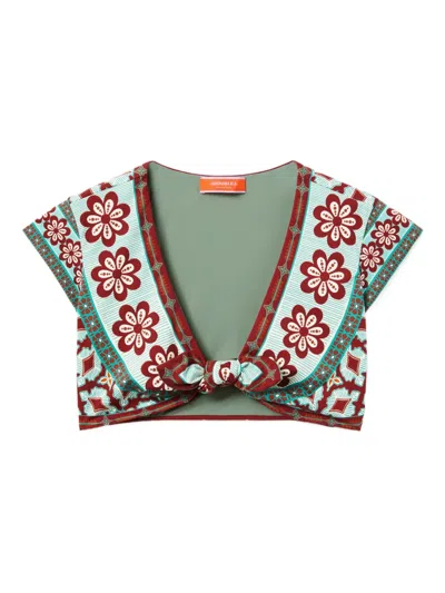 La Doublej Bardot Floral-print Tie-front Top In Green
