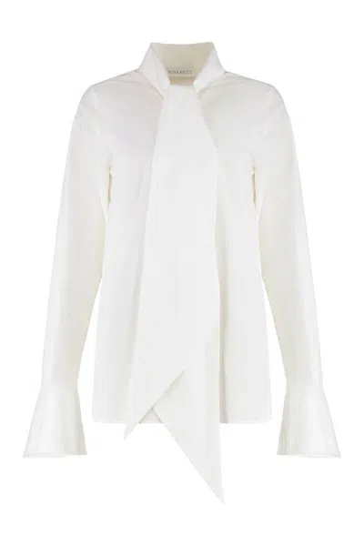 Nina Ricci Draped Front Cotton Shirt With Pussy-bow Collar In White