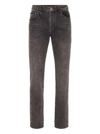 Philipp Plein Denim Trousers Super Straight Cut Basic In Gray