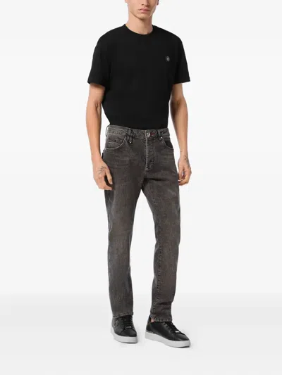 Philipp Plein Denim Trousers Super Straight Cut Basic In Gray