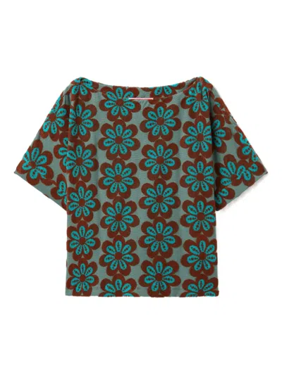La Doublej Meditation Flower-intarsia Boat-neck T-shirt In Blue