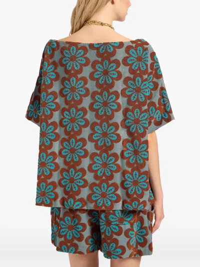 La Doublej Meditation Flower-intarsia Boat-neck T-shirt In Blue