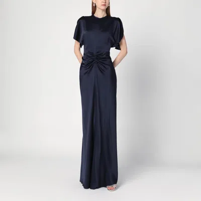 Victoria Beckham Navy Blue Long Dress With Gathered Waist In Blue