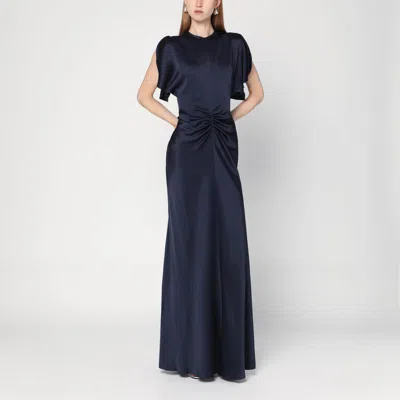 Victoria Beckham Navy Blue Long Dress With Gathered Waist In Blue