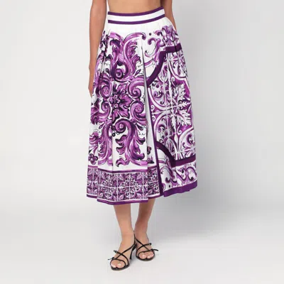 Dolce & Gabbana Purple Maiolica Print Skirt In Poplin In Purple