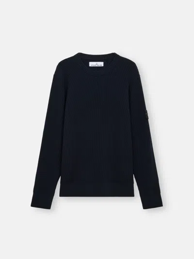 Stone Island Ribbed-knit Virgin Wool Sweater With Signature Patch In Blue