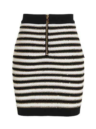 Balmain Button-embellished Metallic Striped Knitted Mini Skirt In Black