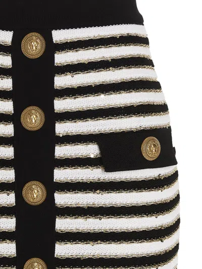 Balmain Button-embellished Metallic Striped Knitted Mini Skirt In Black